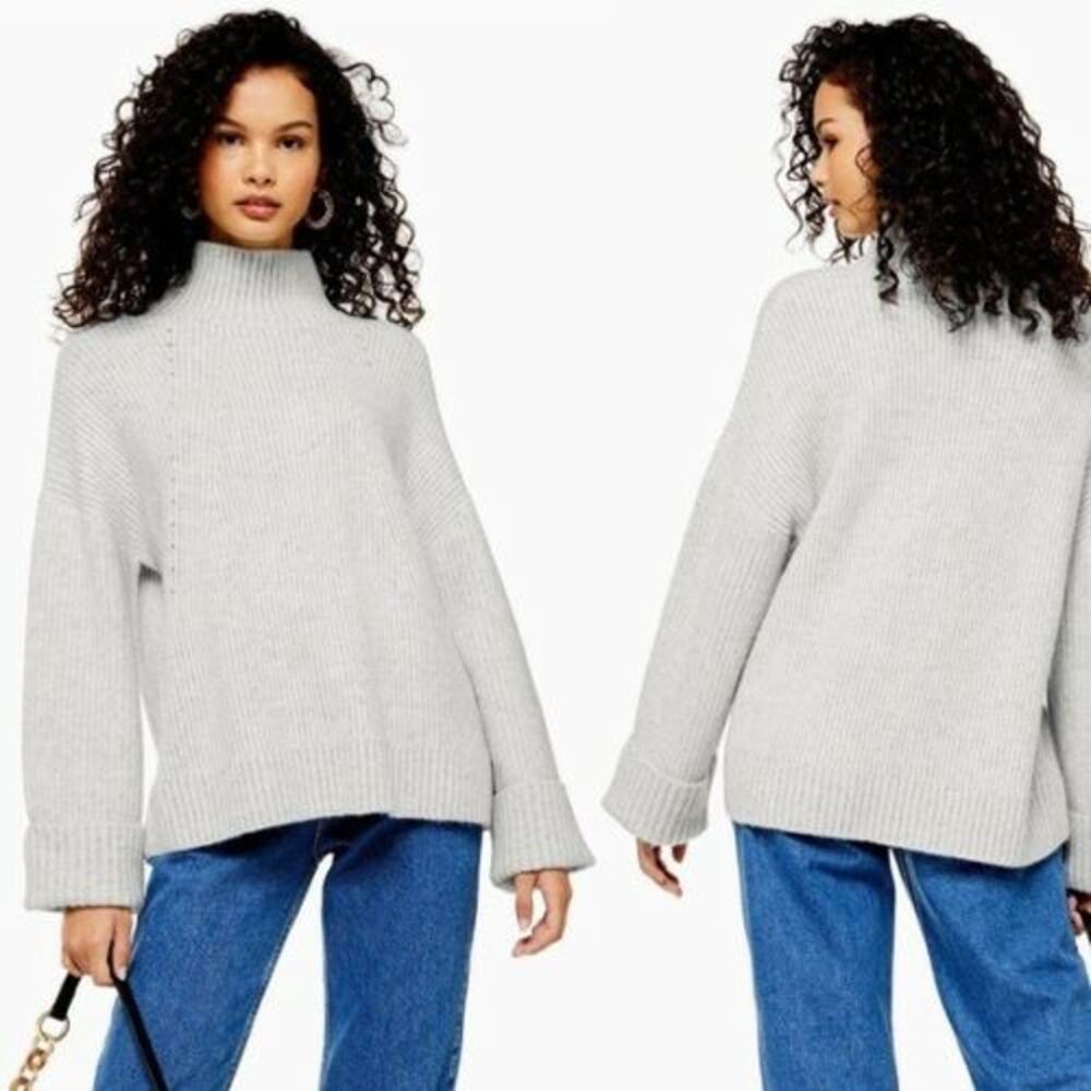 NWT Topshop Knitted Super Soft Funnel Neck Sweater Long Sleeve Gray 8-10 M